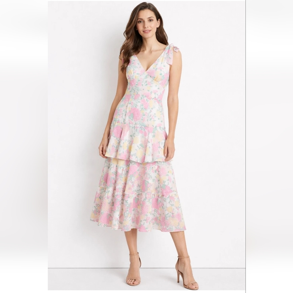 WAYF Floral Ruffled Tiered Tie Strap Midi Dress XS NWT